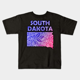 Colorful mandala art map of South Dakota with text in blue and violet Kids T-Shirt